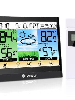 Geevon Weather Station Wireless Indoor Outdoor Thermometer Hygrometer with Heat Index, Dew Point, Touch LCD Display Digital Forecast Station with Alarm Clock and Adjustable Backlight