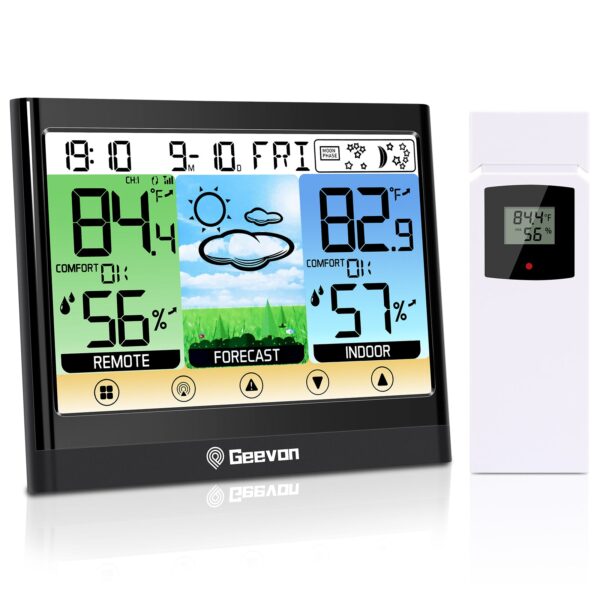 Geevon Weather Station Wireless Indoor Outdoor Thermometer Hygrometer with Heat Index, Dew Point, Touch LCD Display Digital Forecast Station with Alarm Clock and Adjustable Backlight