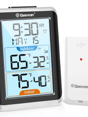 GEEVON Indoor Outdoor Thermometer Wireless Digital Hygrometer Temperature Gauge with Time，200ft/60m Range Temperature Humidity Sensor