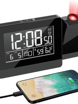 Geevon Projection Alarm Clock with Indoor Thermometer Hygrometer,USB Phone Charger,Dual Alarms,Dimmable Backlight Digital Clock Ceiling Projector for Bedroom
